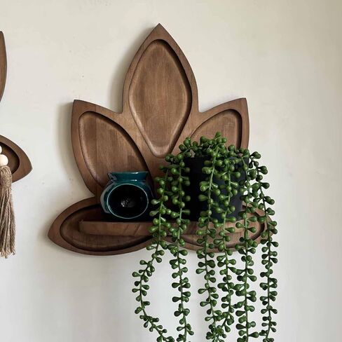 Small Carved Lotus Flower Wooden Floating Wall Shelf, Boho Zen Spiritual Home Decor for Office, Living Room, Bedroom, Yoga & Meditation Space in Kuwait