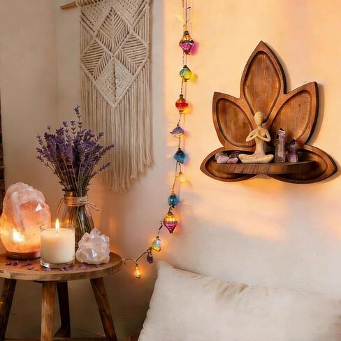 Small Carved Lotus Flower Wooden Floating Wall Shelf, Boho Zen Spiritual Home Decor for Office, Living Room, Bedroom, Yoga & Meditation Space in Kuwait