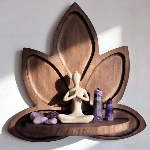Small Carved Lotus Flower Wooden Floating Wall Shelf, Boho Zen Spiritual Home Decor for Office, Living Room, Bedroom, Yoga & Meditation Space in Kuwait