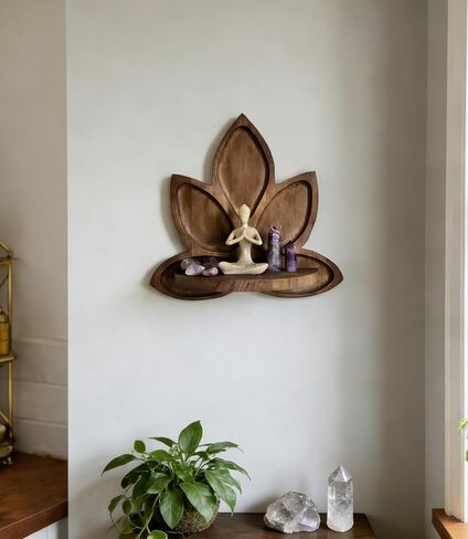 Small Carved Lotus Flower Wooden Floating Wall Shelf, Boho Zen Spiritual Home Decor for Office, Living Room, Bedroom, Yoga & Meditation Space in Kuwait