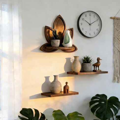 Small Carved Lotus Flower Wooden Floating Wall Shelf, Boho Zen Spiritual Home Decor for Office, Living Room, Bedroom, Yoga & Meditation Space in Kuwait