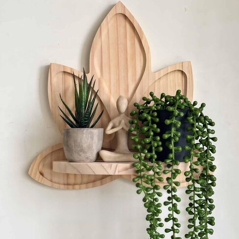 Small Carved Lotus Flower Wooden Floating Wall Shelf, Boho Zen Spiritual Home Decor for Office, Living Room, Bedroom, Yoga & Meditation Space in Kuwait