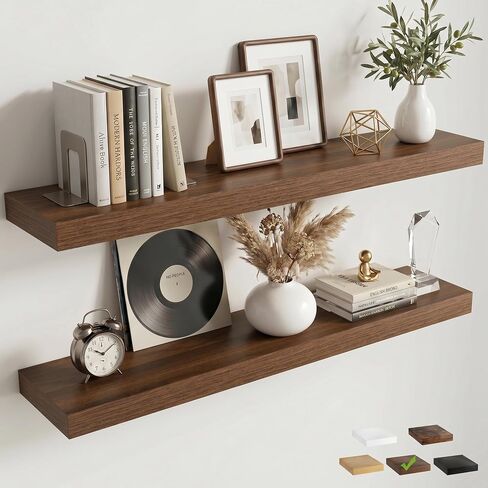 FLYJOE Floating Shelves for Wall, 24 Inch Floating Shelves Set of 2, 8" D Wooden Wall Mounted Display Shelves with Invisible Brackets for Living Room, Bedroom, Bathroom, Kitchen Decor, Walnut in Saudi Arabia