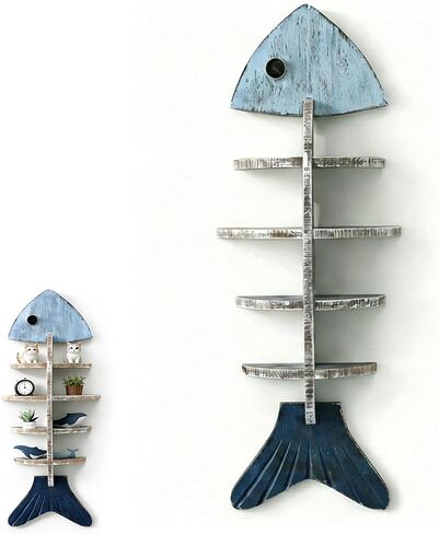 Rustic Wooden Fish Floating Shelf, Unique Fishing Decor Wall Mounted Organizer, Coastal Nautical Display Shelf for Lake House, Bathroom & Living Room in Saudi Arabia