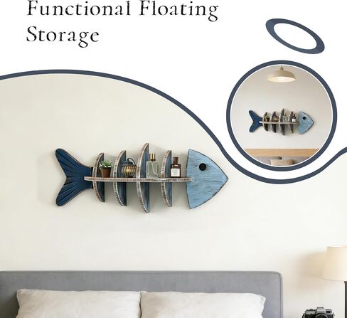 Rustic Wooden Fish Floating Shelf, Unique Fishing Decor Wall Mounted Organizer, Coastal Nautical Display Shelf for Lake House, Bathroom & Living Room in Saudi Arabia