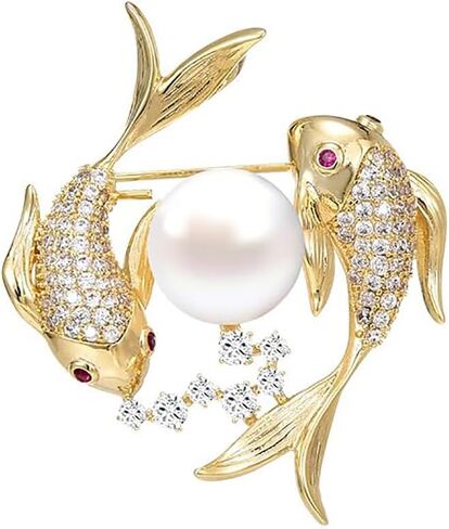 14K Gold Moissanite Double Koi Fish Brooch, Freshwater Pearl Pin, Chinese Style Symbol of Luck and Sophistication in Kuwait