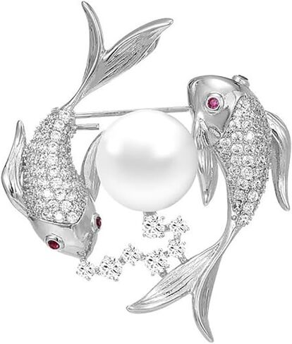 14K Gold Moissanite Double Koi Fish Brooch, Freshwater Pearl Pin, Chinese Style Symbol of Luck and Sophistication in Kuwait