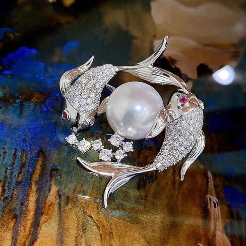 14K Gold Moissanite Double Koi Fish Brooch, Freshwater Pearl Pin, Chinese Style Symbol of Luck and Sophistication in Kuwait