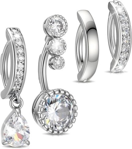 4PCS 14G Clicker Belly Button Rings, 316L Surgical Stainless Steel Navel Rings with CZ Crystal Dangle Pendants, Belly Ring Hoop Body Piercing Jewelry in Kuwait