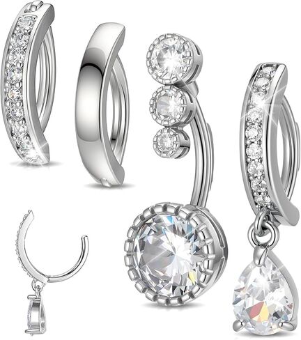 4PCS 14G Clicker Belly Button Rings, 316L Surgical Stainless Steel Navel Rings with CZ Crystal Dangle Pendants, Belly Ring Hoop Body Piercing Jewelry in Kuwait