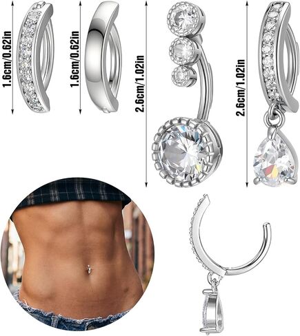 4PCS 14G Clicker Belly Button Rings, 316L Surgical Stainless Steel Navel Rings with CZ Crystal Dangle Pendants, Belly Ring Hoop Body Piercing Jewelry in Kuwait