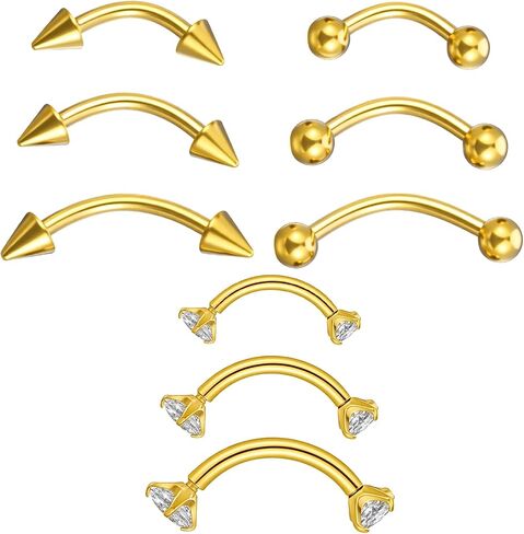9 Pcs Gold Eyebrow Piercing - 16G Stainless Steel Gold Eyebrow Piercing for Women Men - CZ Labret Lip Daith Navel Belly Button Helix Tragus 6mm 8mm 10mm in Kuwait