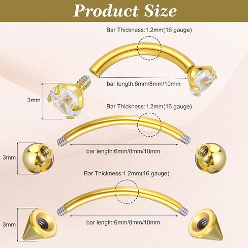 9 Pcs Gold Eyebrow Piercing - 16G Stainless Steel Gold Eyebrow Piercing for Women Men - CZ Labret Lip Daith Navel Belly Button Helix Tragus 6mm 8mm 10mm in Kuwait