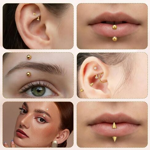 9 Pcs Gold Eyebrow Piercing - 16G Stainless Steel Gold Eyebrow Piercing for Women Men - CZ Labret Lip Daith Navel Belly Button Helix Tragus 6mm 8mm 10mm in Kuwait