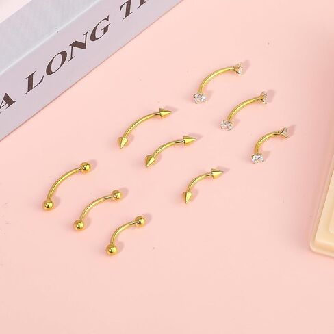 9 Pcs Gold Eyebrow Piercing - 16G Stainless Steel Gold Eyebrow Piercing for Women Men - CZ Labret Lip Daith Navel Belly Button Helix Tragus 6mm 8mm 10mm in Kuwait