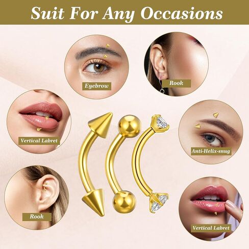 9 Pcs Gold Eyebrow Piercing - 16G Stainless Steel Gold Eyebrow Piercing for Women Men - CZ Labret Lip Daith Navel Belly Button Helix Tragus 6mm 8mm 10mm in Kuwait