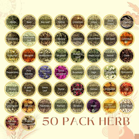 50 Pcs Premium Witchcraft Herbs Collection, Ultimate Dried Flowers Apothecary Kit for Advanced Wicca, Pagan Spells, Divination & Grimoire Restock (10g/Bag) in Saudi Arabia