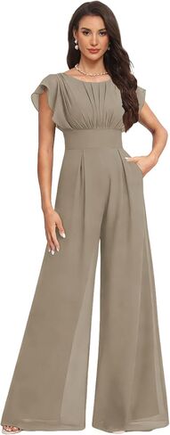 Scoop Neck One Piece Jumpsuit with Pockets for Women Short Sleeves Chiffon Empire Waist Bridesmaid Outfits Long in Saudi Arabia
