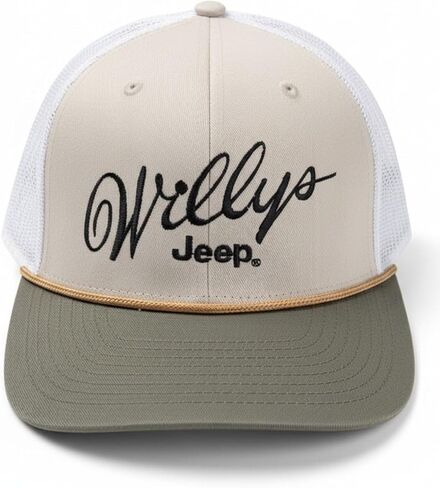 Jeep Willys Embroidered Rope Trucker Hat - Retro Mesh Back Cap with Adjustable Fit - Tan and Olive Green - Embroidered in Detroit in Kuwait