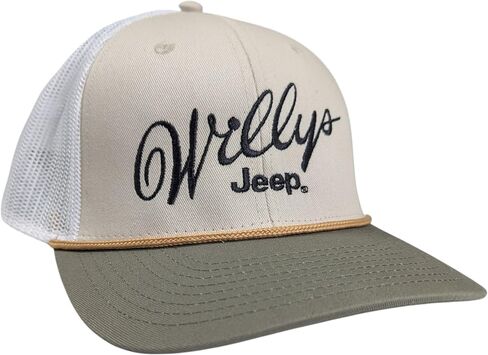 Jeep Willys Embroidered Rope Trucker Hat - Retro Mesh Back Cap with Adjustable Fit - Tan and Olive Green - Embroidered in Detroit in Kuwait