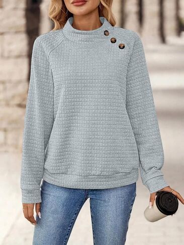 Women's Waffle Knit Sweatshirt Mock Neck Button Detail Long Sleeve Casual Pullover Top for Fall & Winter in Kuwait
