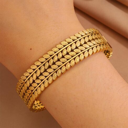 Luxury Leaves 18K Gold Plated Bangle Bracelet, Dubai Saudi Design, Arabic Hand Jewelry for Women Bridal in Kuwait