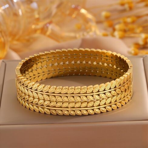 Luxury Leaves 18K Gold Plated Bangle Bracelet, Dubai Saudi Design, Arabic Hand Jewelry for Women Bridal in Kuwait