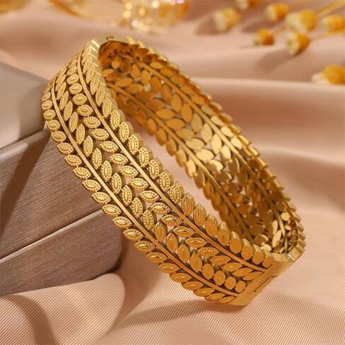 Luxury Leaves 18K Gold Plated Bangle Bracelet, Dubai Saudi Design, Arabic Hand Jewelry for Women Bridal in Kuwait