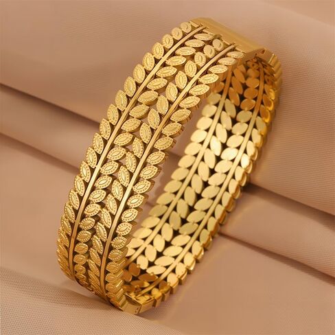 Luxury Leaves 18K Gold Plated Bangle Bracelet, Dubai Saudi Design, Arabic Hand Jewelry for Women Bridal in Kuwait