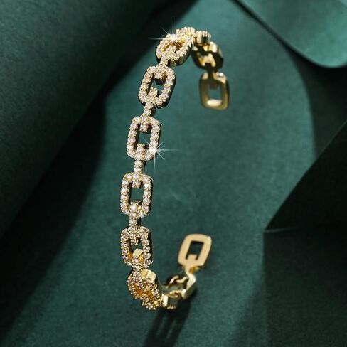 Gold Color Cuff Bracelet for Women, Cubic Zirconia Paved Link Chain Bangle, Trendy Open Cuff Bracelet for Daily Wear & Party Jewelry in Kuwait
