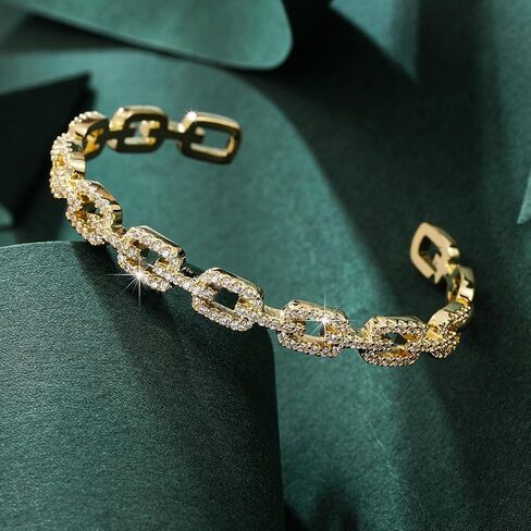 Gold Color Cuff Bracelet for Women, Cubic Zirconia Paved Link Chain Bangle, Trendy Open Cuff Bracelet for Daily Wear & Party Jewelry in Kuwait