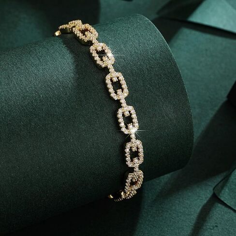 Gold Color Cuff Bracelet for Women, Cubic Zirconia Paved Link Chain Bangle, Trendy Open Cuff Bracelet for Daily Wear & Party Jewelry in Kuwait