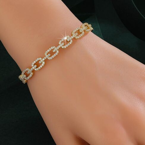 Gold Color Cuff Bracelet for Women, Cubic Zirconia Paved Link Chain Bangle, Trendy Open Cuff Bracelet for Daily Wear & Party Jewelry in Kuwait