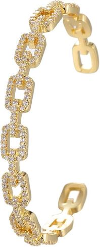 Gold Color Cuff Bracelet for Women, Cubic Zirconia Paved Link Chain Bangle, Trendy Open Cuff Bracelet for Daily Wear & Party Jewelry in Kuwait
