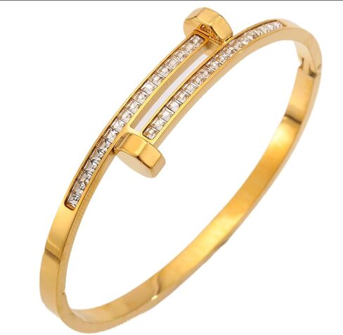 18K Gold Plated Bangle Bracelets for Women, Elliptical Design with rhinestone Accents, 2.36" Diameter Waterproof Stainless Steel Wrist Cuff Bangle in Kuwait