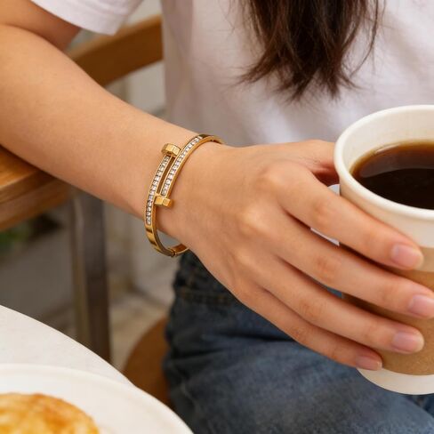 18K Gold Plated Bangle Bracelets for Women, Elliptical Design with rhinestone Accents, 2.36" Diameter Waterproof Stainless Steel Wrist Cuff Bangle in Kuwait