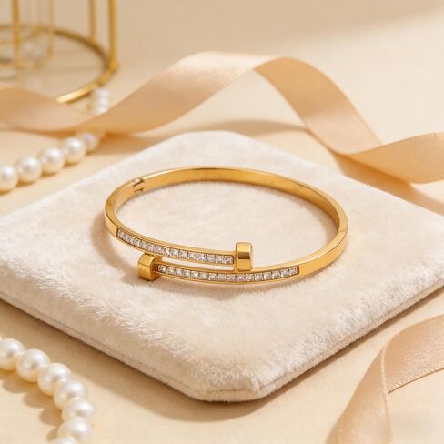 18K Gold Plated Bangle Bracelets for Women, Elliptical Design with rhinestone Accents, 2.36" Diameter Waterproof Stainless Steel Wrist Cuff Bangle in Kuwait