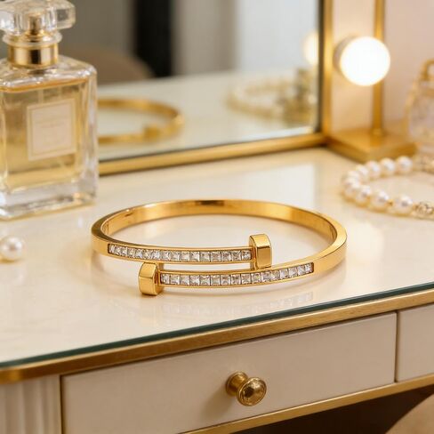 18K Gold Plated Bangle Bracelets for Women, Elliptical Design with rhinestone Accents, 2.36" Diameter Waterproof Stainless Steel Wrist Cuff Bangle in Kuwait