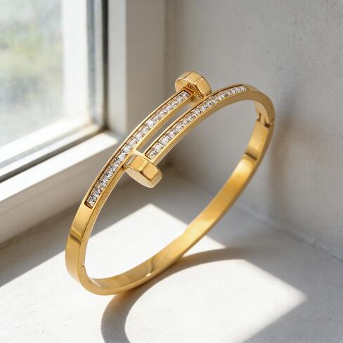 18K Gold Plated Bangle Bracelets for Women, Elliptical Design with rhinestone Accents, 2.36" Diameter Waterproof Stainless Steel Wrist Cuff Bangle in Kuwait