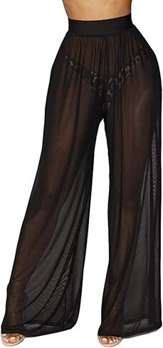 Womens High Waist Sheer Mesh Ladder Bootcut See Through Bikini Bottom Cover Up Flare Leggings Pants in Saudi Arabia