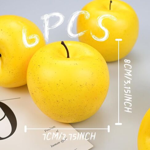 Lorigun 6 Pcs Fake Apples, Artificial Apples for Decoration Realistic Fake Fruits Yellow Faux Apples for Crafts, Faux Fruits for Kitchen Display Prop in Kuwait