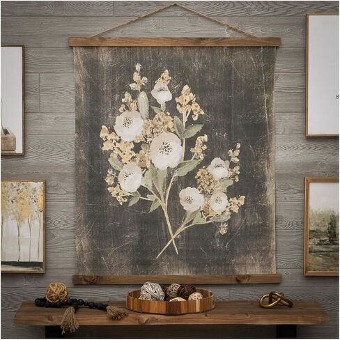 Hobby Lobby Vintage Floral Tapestry Wall Decor, Canvas & MDF, Rectangle, Vertical, Includes Hanging Rope, Distressed Black Background, Wooden Frame, Muted Tones in Kuwait