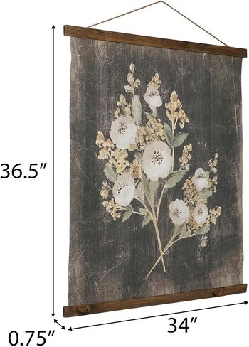 Hobby Lobby Vintage Floral Tapestry Wall Decor, Canvas & MDF, Rectangle, Vertical, Includes Hanging Rope, Distressed Black Background, Wooden Frame, Muted Tones in Kuwait