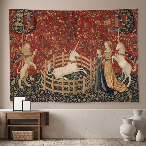 Bonriva Medieval Renaissance Tapestry Wall Hanging, Vintage Lady and Unicorn lion Art Floral Aesthetic Tapestry Wall Decor, Fantasy Witchy Mythical Tapestries for Bedroom Living Room Dorm 40"L x 30"W in Kuwait