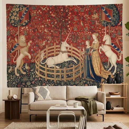 Bonriva Medieval Renaissance Tapestry Wall Hanging, Vintage Lady and Unicorn lion Art Floral Aesthetic Tapestry Wall Decor, Fantasy Witchy Mythical Tapestries for Bedroom Living Room Dorm 40"L x 30"W in Kuwait
