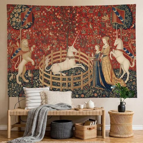 Bonriva Medieval Renaissance Tapestry Wall Hanging, Vintage Lady and Unicorn lion Art Floral Aesthetic Tapestry Wall Decor, Fantasy Witchy Mythical Tapestries for Bedroom Living Room Dorm 40"L x 30"W in Kuwait