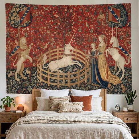 Bonriva Medieval Renaissance Tapestry Wall Hanging, Vintage Lady and Unicorn lion Art Floral Aesthetic Tapestry Wall Decor, Fantasy Witchy Mythical Tapestries for Bedroom Living Room Dorm 40"L x 30"W in Kuwait