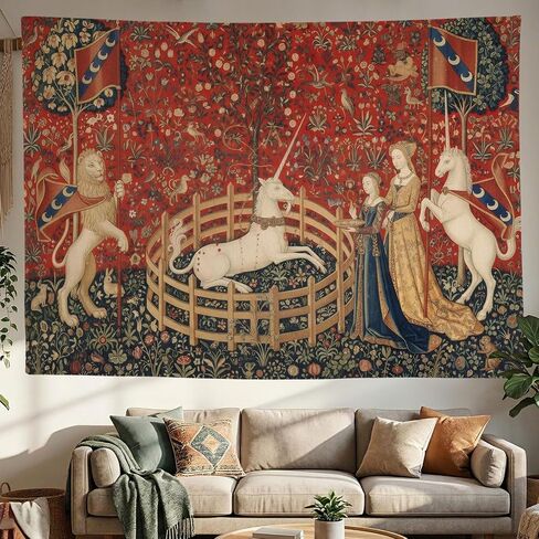 Bonriva Medieval Renaissance Tapestry Wall Hanging, Vintage Lady and Unicorn lion Art Floral Aesthetic Tapestry Wall Decor, Fantasy Witchy Mythical Tapestries for Bedroom Living Room Dorm 40"L x 30"W in Kuwait