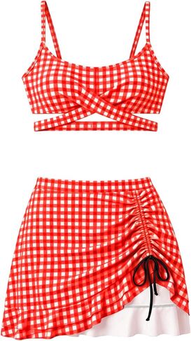 Girls Swimsuit with Skirt Twist Cross Bikini Set 2 Piece Bathing Suit Adjustable Straps Girls' Swimwear 7-16Years in Saudi Arabia