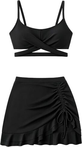Girls Swimsuit with Skirt Twist Cross Bikini Set 2 Piece Bathing Suit Adjustable Straps Girls' Swimwear 7-16Years in Saudi Arabia